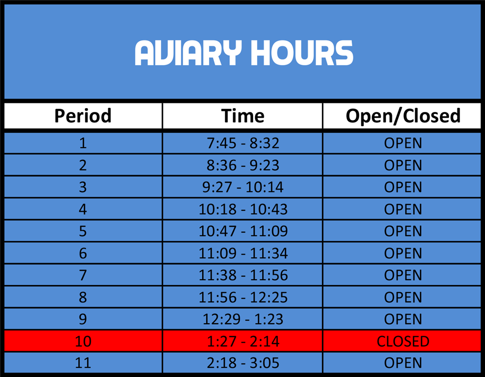 Schedule for the TWHS Aviary